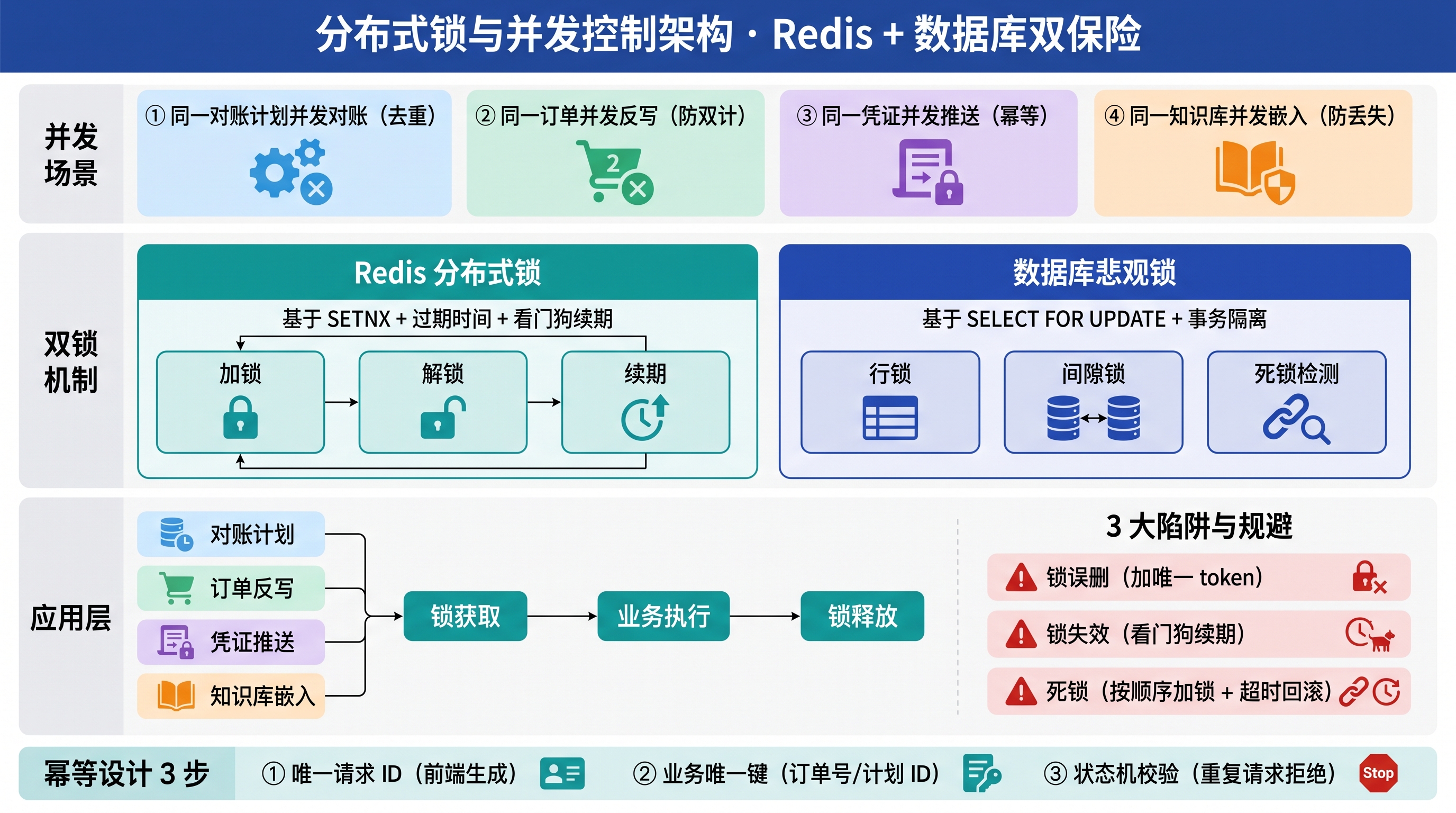分布式锁架构图，展示从 5 大数据源（业务订单/广告/优惠券/平台扣点/履约成本）的并发更新 → 分布式锁（避免数据冲突）→ 一致性视图的完整架构