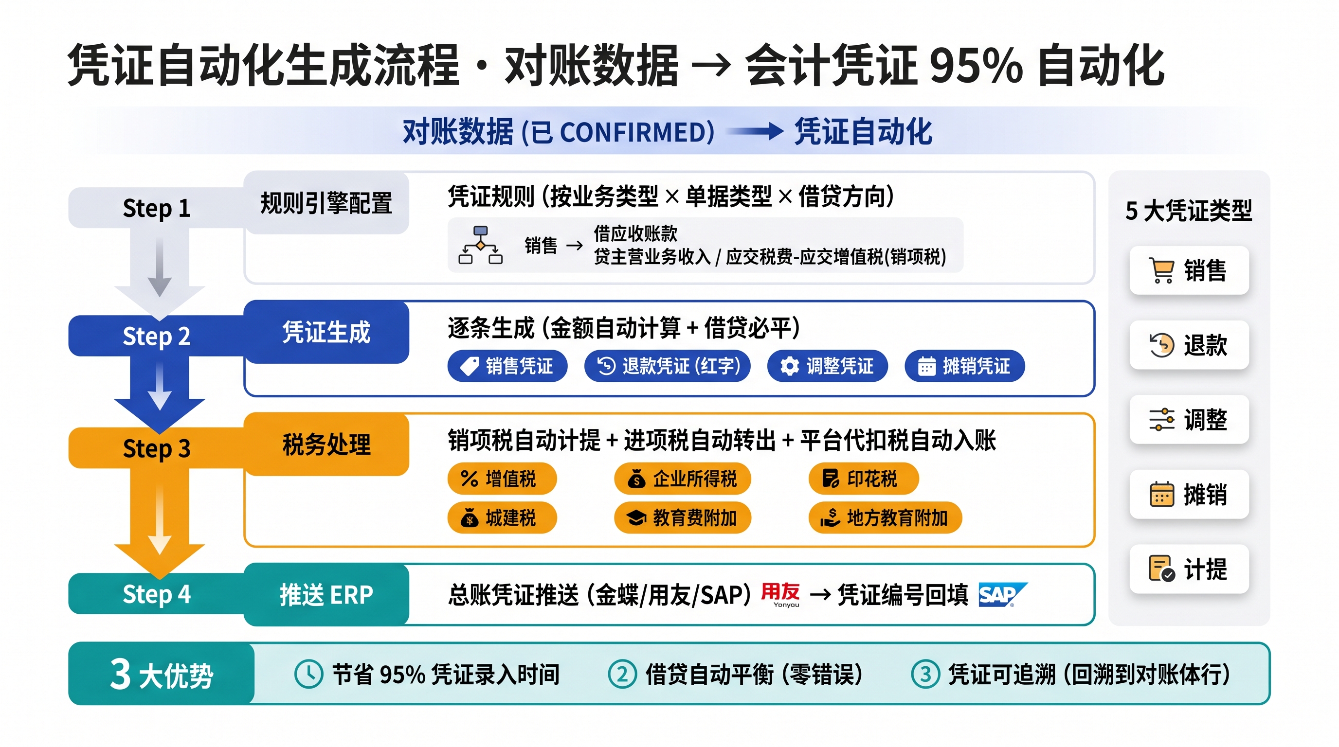 凭证自动化生成流程图:对账数据 → 凭证规则引擎 → 红字发票生成 → 借贷自动平衡校验 → 凭证编号回填 → 推送金蝶总账,教育学员中止的红字发票在凭证摘要中自动标注原销售月 + 中止工序