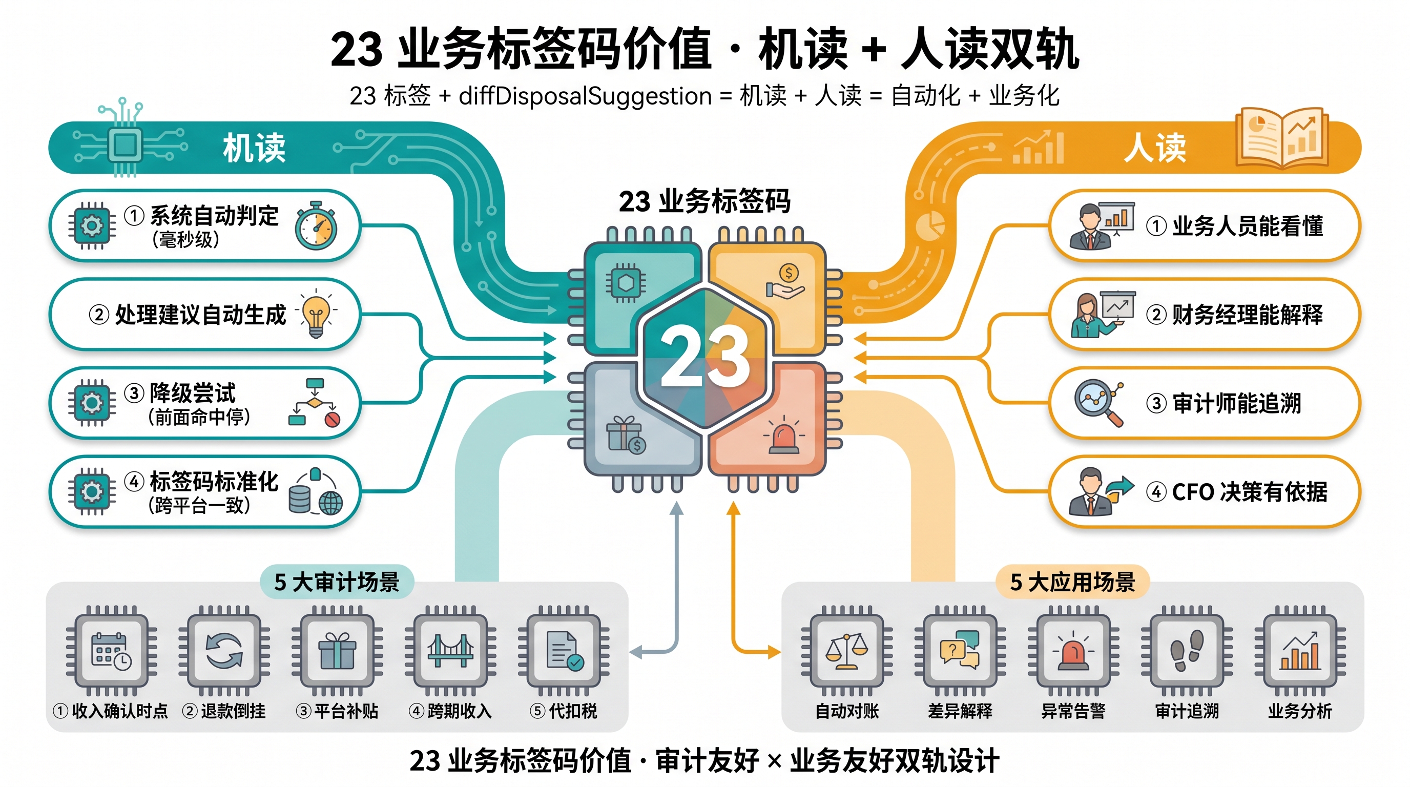 23 业务标签码价值图:机读友好 + 业务友好 + 审计友好 + AI 友好 4 大价值,教育的'课时消耗 + 学期履约 + 学员中止 + 课时过期'完全同构于 23 业务标签码体系