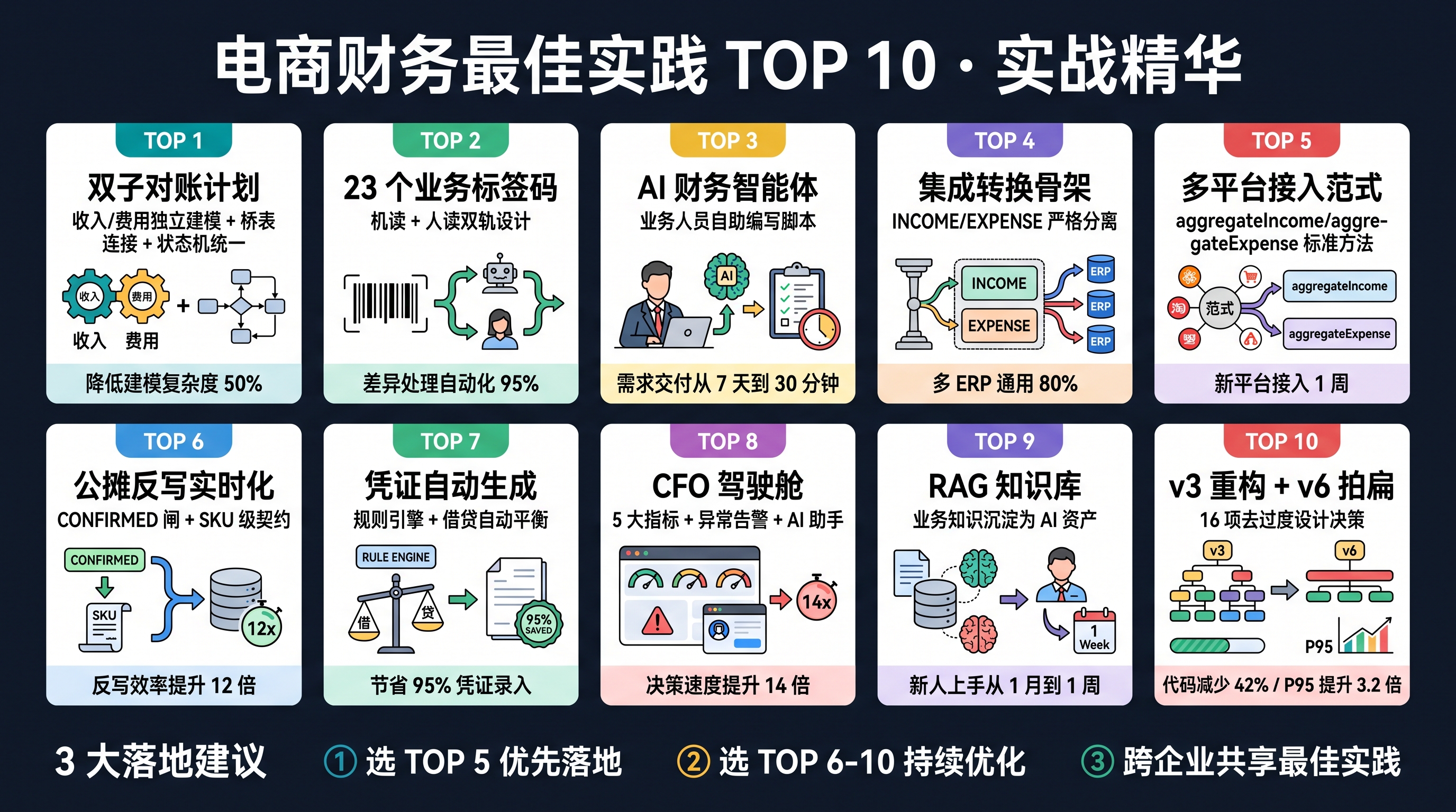 电商财务最佳实践 TOP 10 图：双子对账计划、23 个业务标签码等十条实战要点