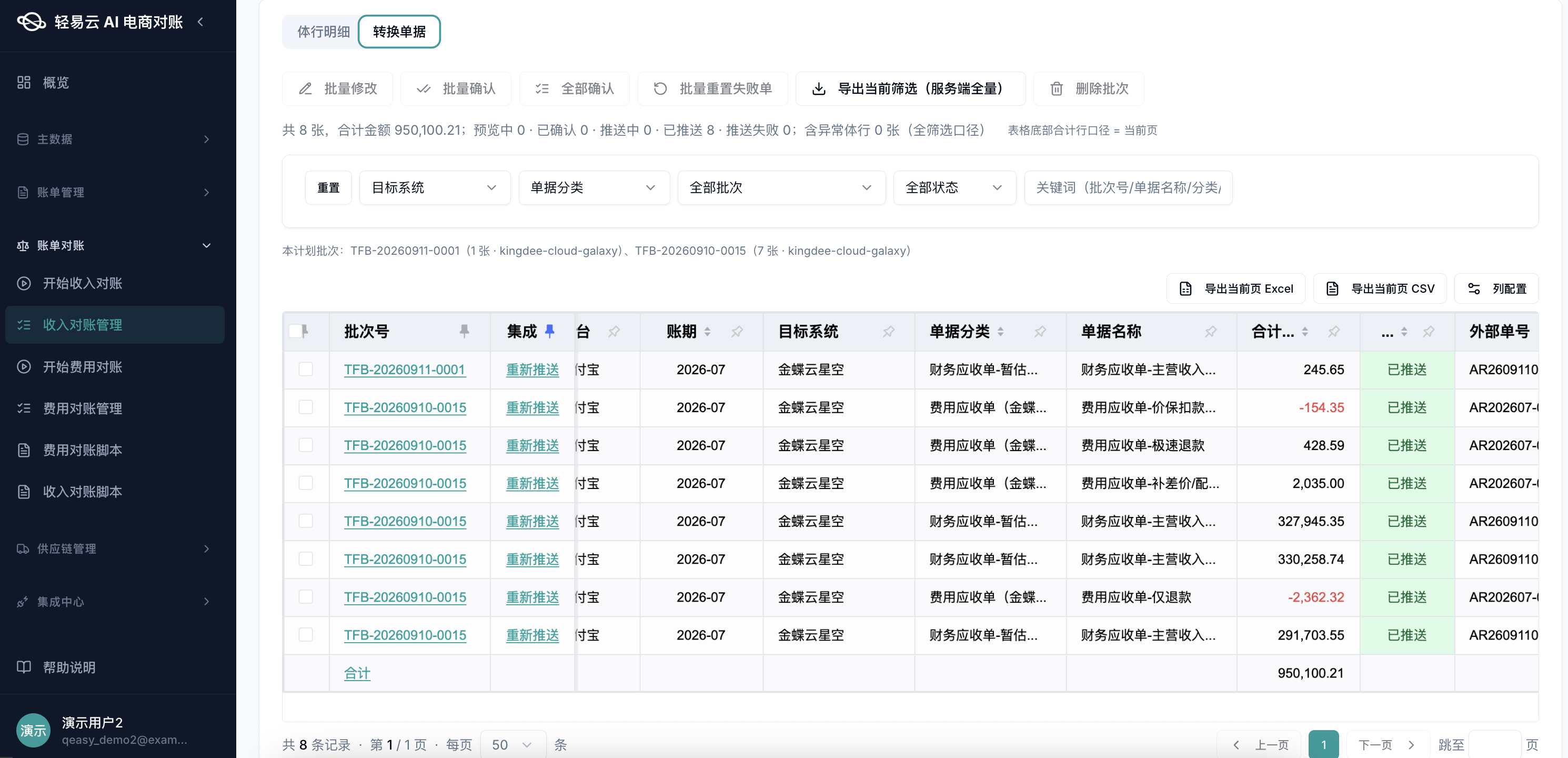 集成转换单据列表页，八张单据合计九十五万余元，其中一张是暂估应收下推的财务应收单，另外七张是费用应收单，状态都是已推送