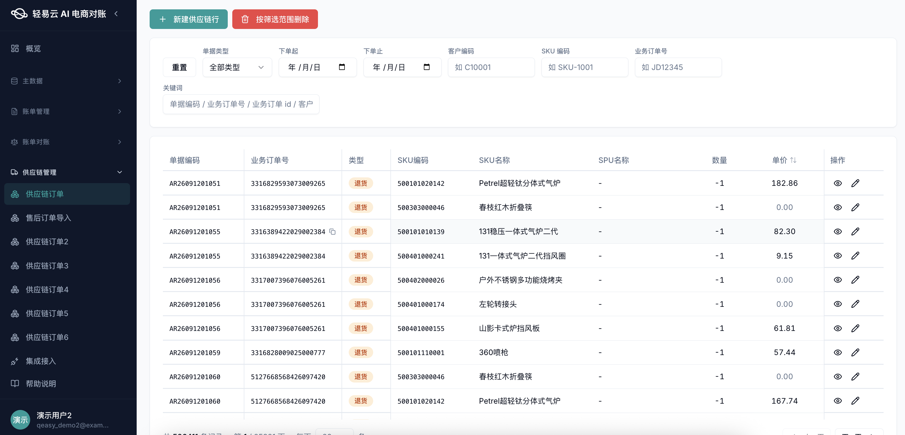 供应链订单管理退货明细：11 行退货单据，按 businessOrderNo 聚合，包含退款金额、退货数量、refundReason（尺码不符 / 不喜欢 / 质量问题 / 物流破损 / 仅退款等），用于退货核算业务判定